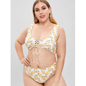  Orange Print Lace-up Plus Size Swimwear Set - White 1x