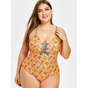  Ethnic Lace Up Backless Plus Size Swimsuit - Sandy Brown 1x