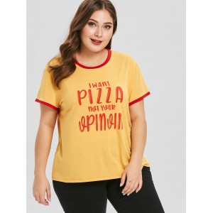 Letter Print Plus Size Contrast Trim Tee - Yellow 2x