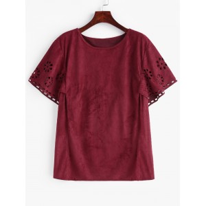 Openwork Faux Suede Plus Size Tee - Red Wine 1x