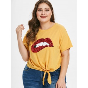 Plus Size Knot Sequined Lip Tee - Yellow 1x