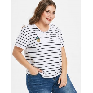 Sequined Pineapple Plus Size Striped Tee - White 3x
