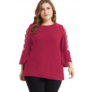 Lattice Flare Sleeve Plus Size Tunic Tee - Rose Red 2x