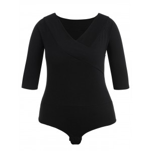 Plus Size Plain V Neck Bodysuit - Black 3x