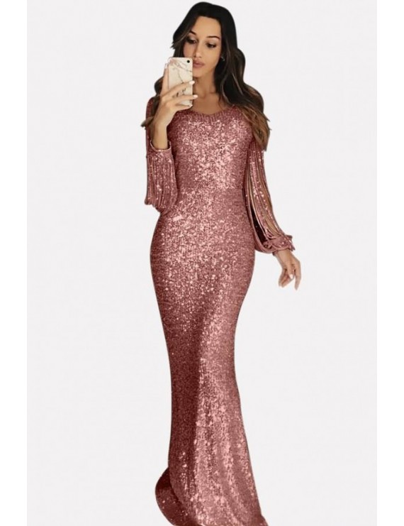 Glitter Sequin Fringe Long Sleeve Beautiful Maxi Dress