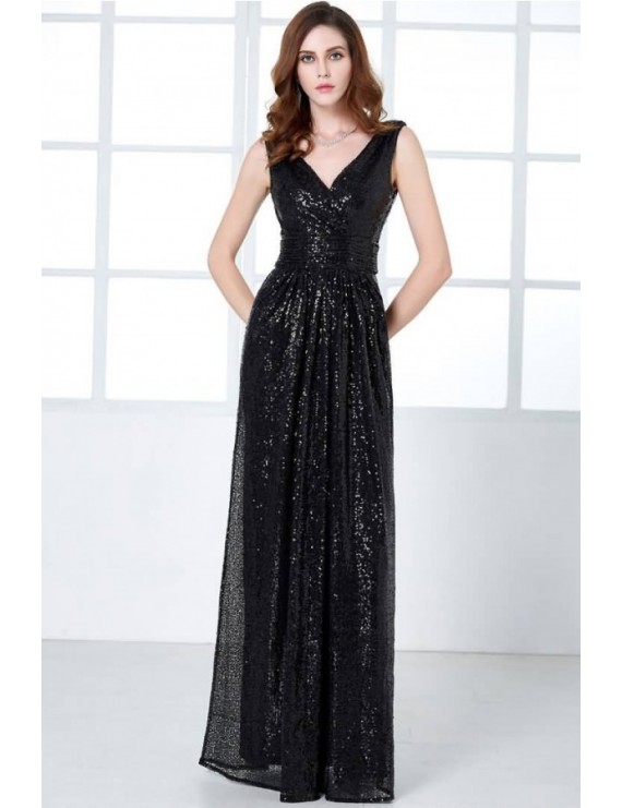 Black Sequin V Neck Sleeveless Beautiful Maxi Dress