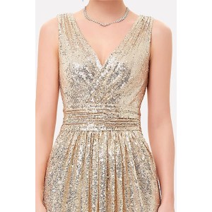 Gold Sequin V Neck Sleeveless Beautiful Maxi Dress
