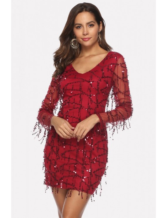 Dark-red Sequin Mesh Fringe V Neck Long Sleeve Beautiful Bodycon Dress