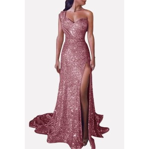 Glitter Sequin Slit One Shoulder Beautiful Maxi Plus Size Dress