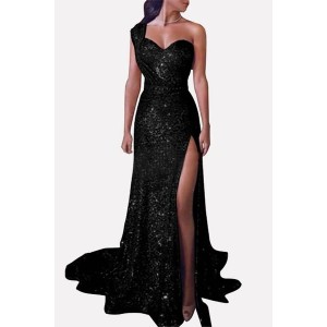 Glitter Sequin Slit One Shoulder Beautiful Maxi Plus Size Dress