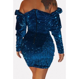Dark-blue Sequin Off Shoulder Long Sleeve Beautiful Bodycon Dress