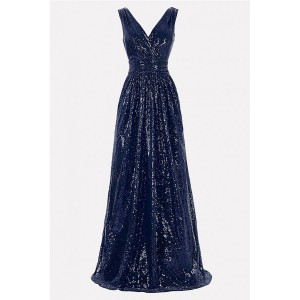Dark-blue Sequin V Neck Sleeveless Beautiful Maxi Dress