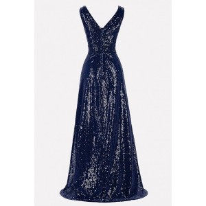 Dark-blue Sequin V Neck Sleeveless Beautiful Maxi Dress