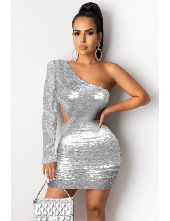 Silver Sequin Cutout One Shoulder Beautiful Bodycon Dress