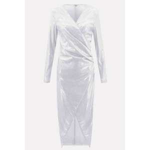 White Wrap Plunging Long Sleeve Beautiful Dress