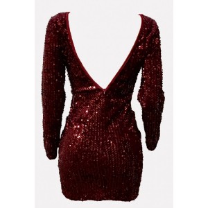 Dark-red Sequin V Back Long Sleeve Beautiful Bodycon Dress