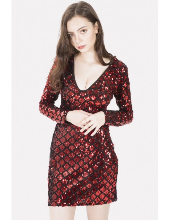 Red Sequin Plunging Long Sleeve Beautiful Bodycon Dress