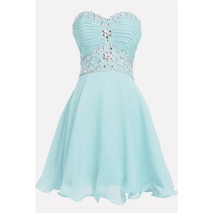 Light-blue Strapless Sweetheart Rhinestone Ruched Beautiful Chiffon Party Dress