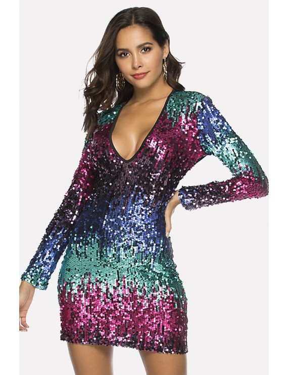 Multi Color Block Splicing Plunging Long Sleeve Beautiful Sequin Dress