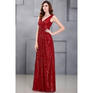 Red Sequin V Neck Sleeveless Beautiful Maxi Dress