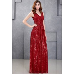 Red Sequin V Neck Sleeveless Beautiful Maxi Dress