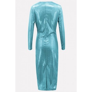 Jade-blue Wrap Plunging Long Sleeve Beautiful Dress