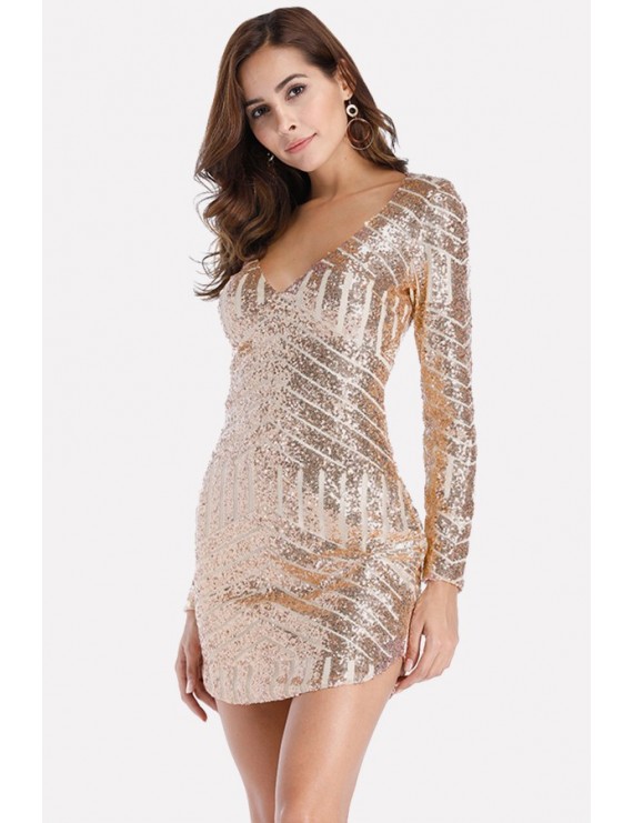 Gold Sequin Plunging Curved Hem Long Sleeve Beautiful Dress