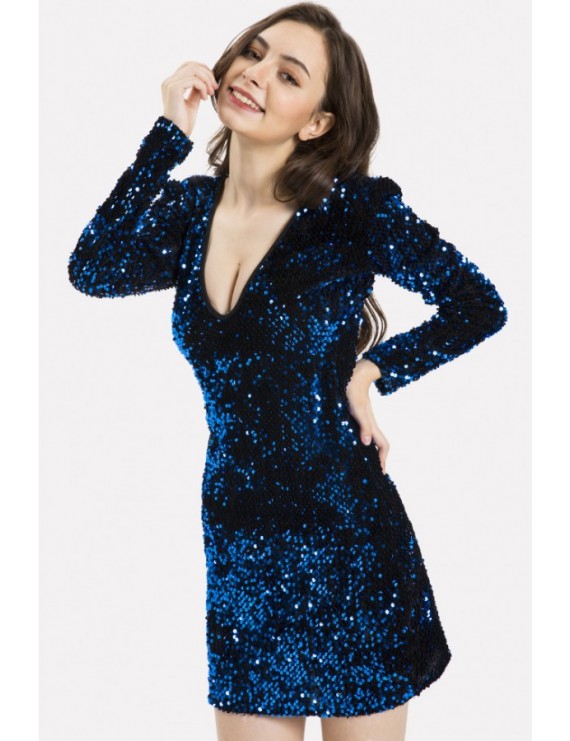 Blue Sequin Plunging Long Sleeve Beautiful Bodycon Dress