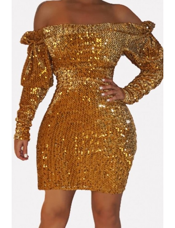 Gold Sequin Off Shoulder Long Sleeve Beautiful Bodycon Dress