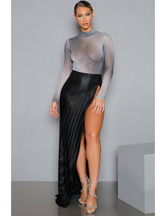 Black Glitter Slit Mock Neck Long Sleeve Beautiful Skirt Set