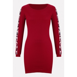 Red Leopard Side Splicing Round Neck Long Sleeve Casual Dress