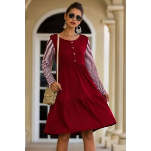 Dark-red Stripe Sleeve Button Decor Long Sleeve Casual Dress