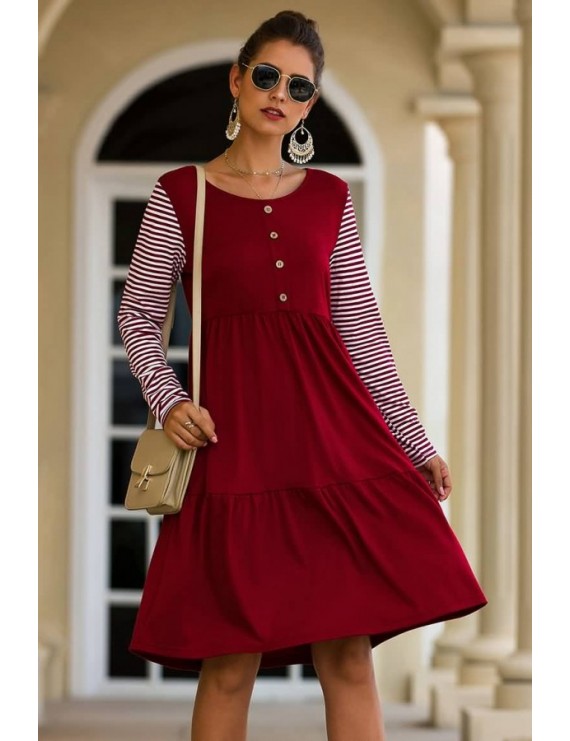 Dark-red Stripe Sleeve Button Decor Long Sleeve Casual Dress
