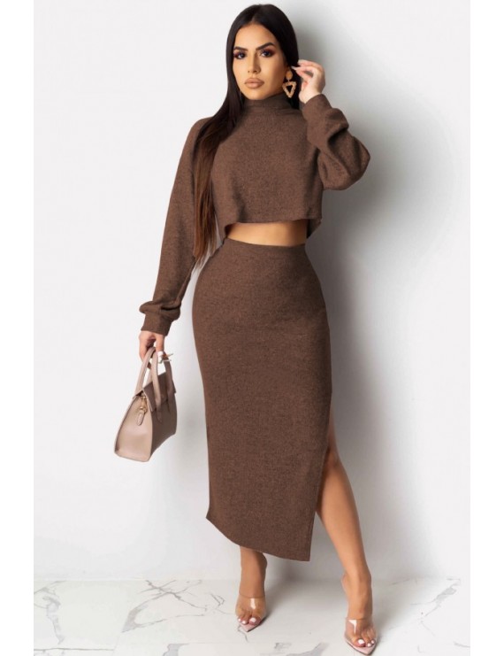 Coffee High Collar Slit Long Sleeve Casual Crop Top Skirts Set