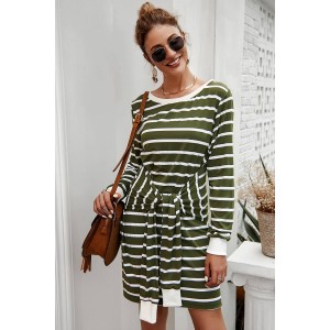Army-green Stripe Tied Round Neck Long Sleeve Casual Dress