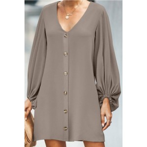 Gray Button Decor V Neck Long Sleeve Casual Dress
