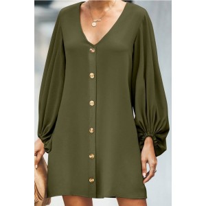 Army-green Button Decor V Neck Long Sleeve Casual Dress