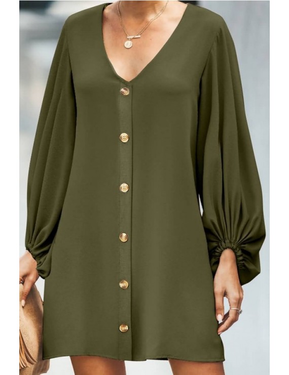 Army-green Button Decor V Neck Long Sleeve Casual Dress