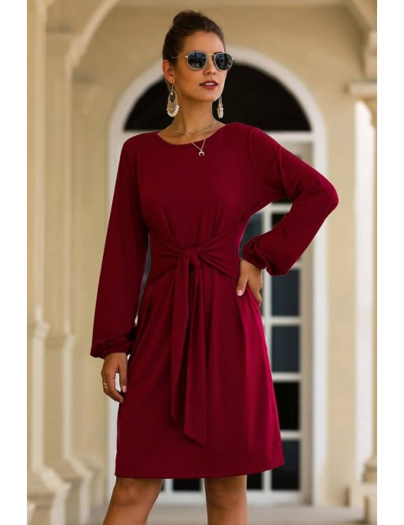 Dark-red Tied Round Neck Long Sleeve Casual Dress