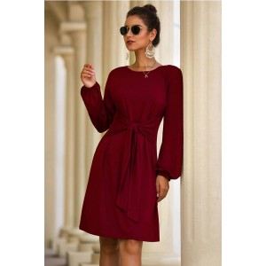 Dark-red Tied Round Neck Long Sleeve Casual Dress