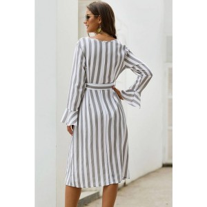 Light-gray Stripe Button Decor Tied Long Sleeve Casual Dress