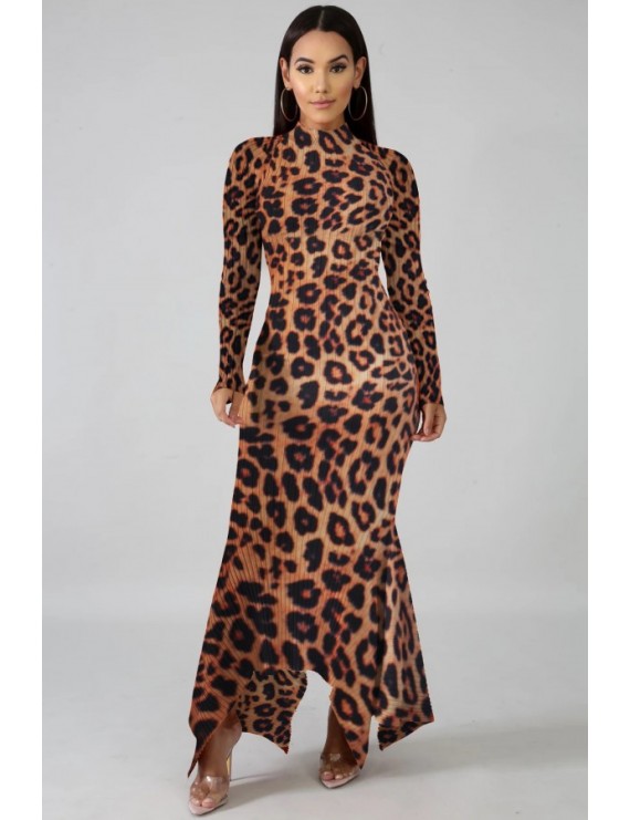 Brown Leopard Mock Neck Long Sleeve Asymmetric Hem Casual Dress