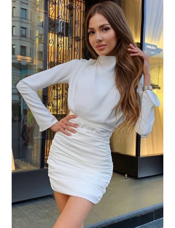 Ruched Mock Neck Long Sleeve Casual Dress