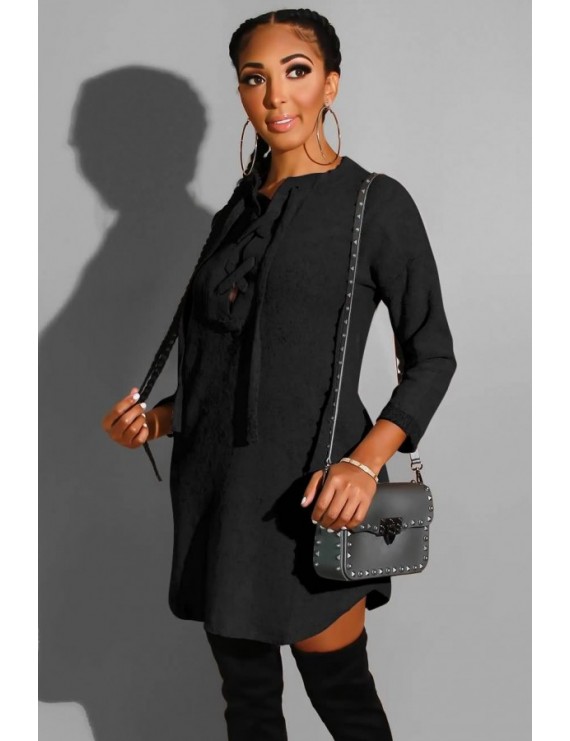 Black Lace Up Long Sleeve Casual Dress