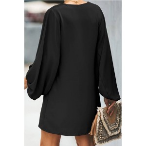 Black Button Decor V Neck Long Sleeve Casual Dress