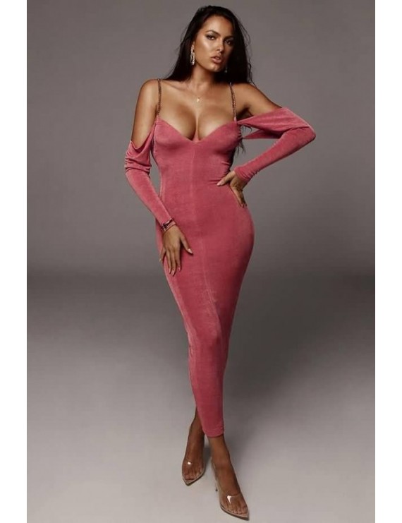 Pink Chain Cold Shoulder Long Sleeve Beautiful Bodycon Dress