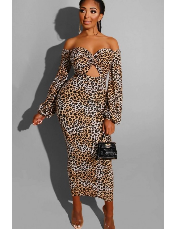 Khaki Leopard Cutout Sweetheart Neck Beautiful Bodycon Dress