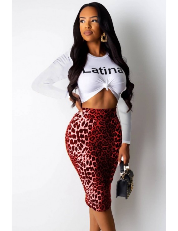 Red Leopard Letters Print Beautiful Bodycon Skirt Set