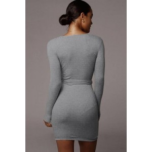 Belt Plunging Long Sleeve Beautiful Bodycon Sweater Dress