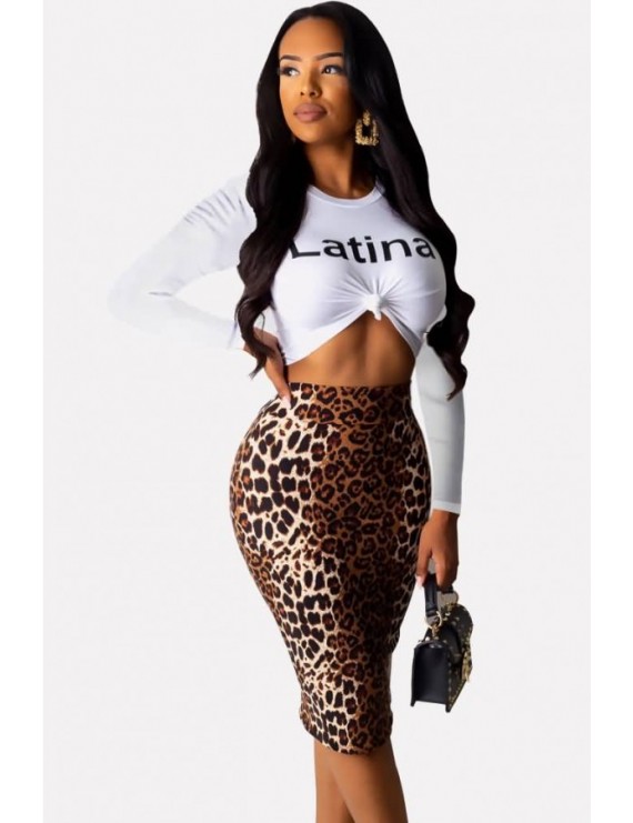Brown Leopard Letters Print Beautiful Bodycon Skirt Set